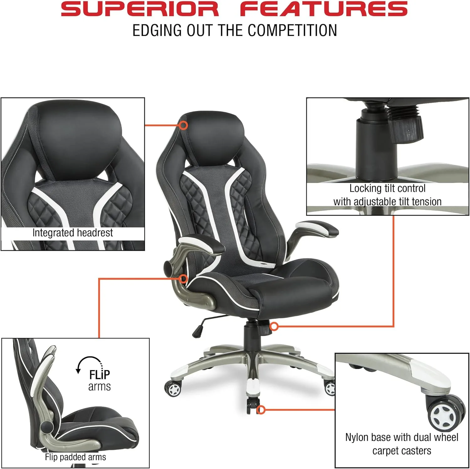 OSP Home Furnishings Xplorer 51 Ergonomic Adjustable High Back Gaming Chair with Lumbar Support and Padded Flip Arms