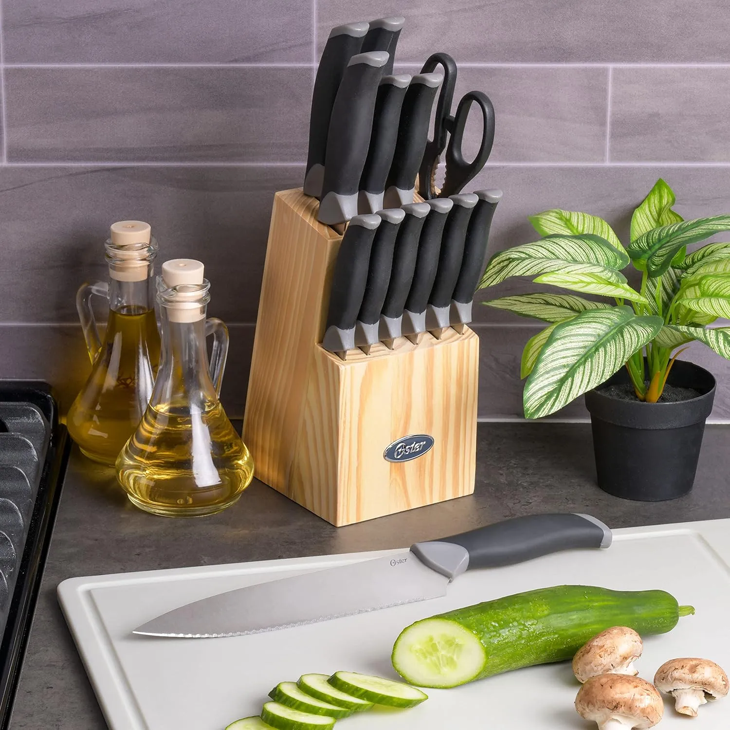 Oster Lindbergh 14 Piece Stainless Steel Cutlery Kitchen Knife Block Set