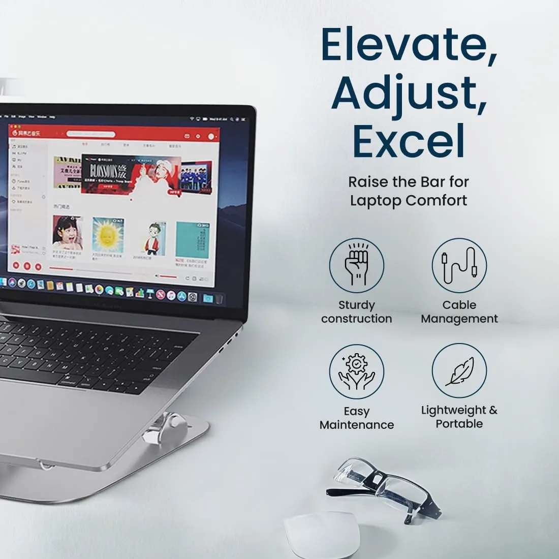 OTM Essentials Adjustable Laptop Stand, 10-5/8inH x 9inW x 9inD, Silver