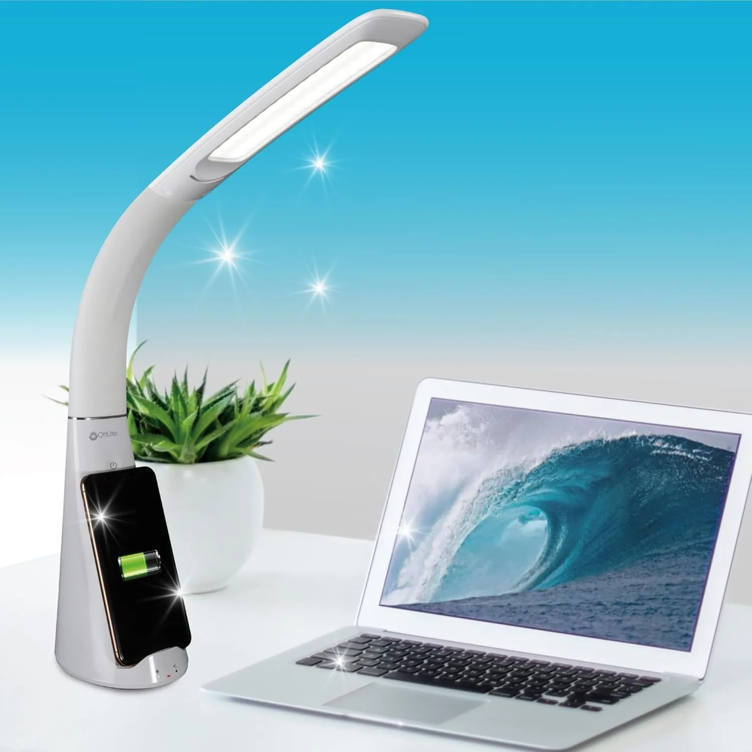OttLite Purify LED Sanitizing Desk Lamp with Wireless Charging – Eliminates up to 99.9% of Bacteria, Touch Activated