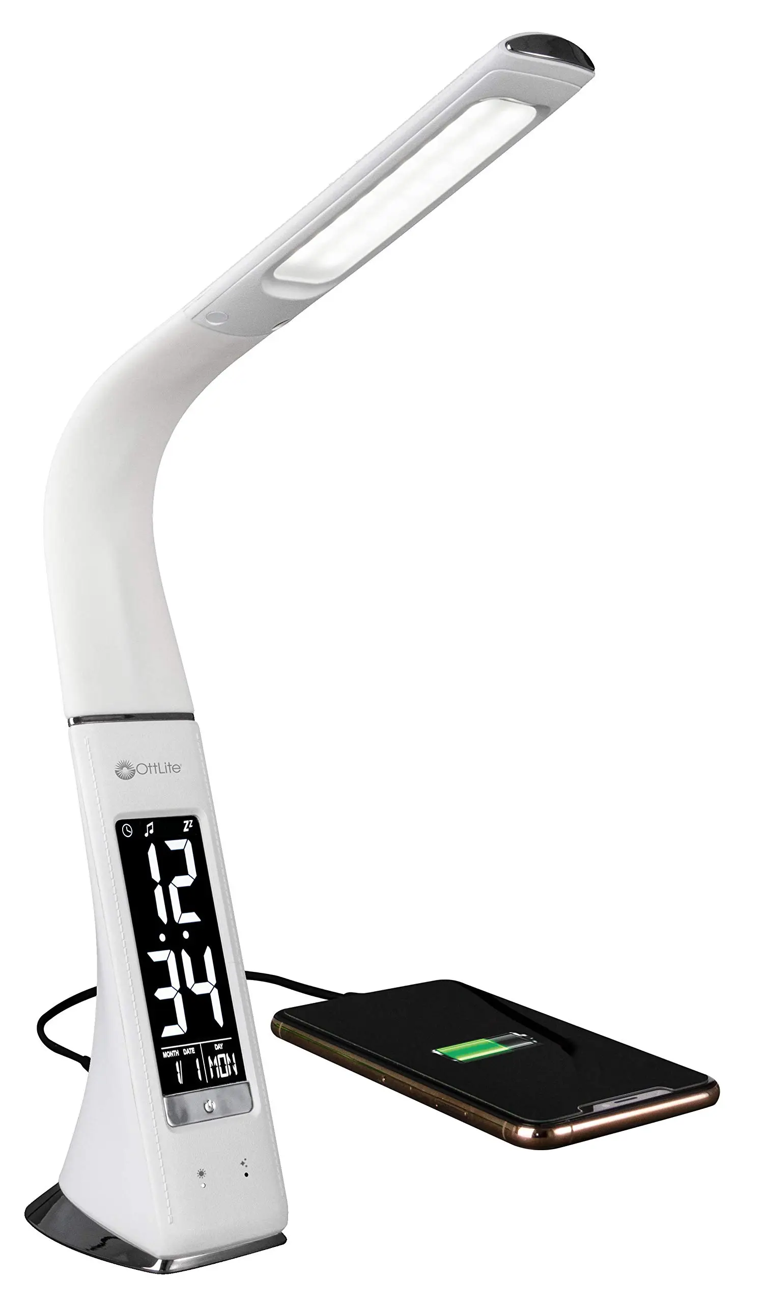 OttLite Thrive LED Sanitizing Desk Lamp with Clock and USB Charging - Eliminates up to 99.9% of Bacteria, Touch Activated