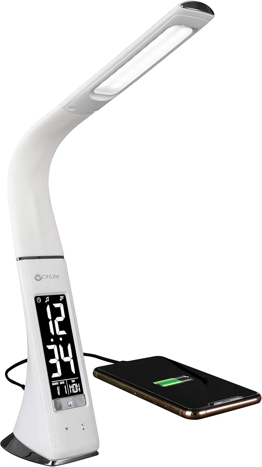 OttLite Thrive LED Sanitizing Desk Lamp with Clock and USB Charging - Eliminates up to 99.9% of Bacteria, Touch Activated