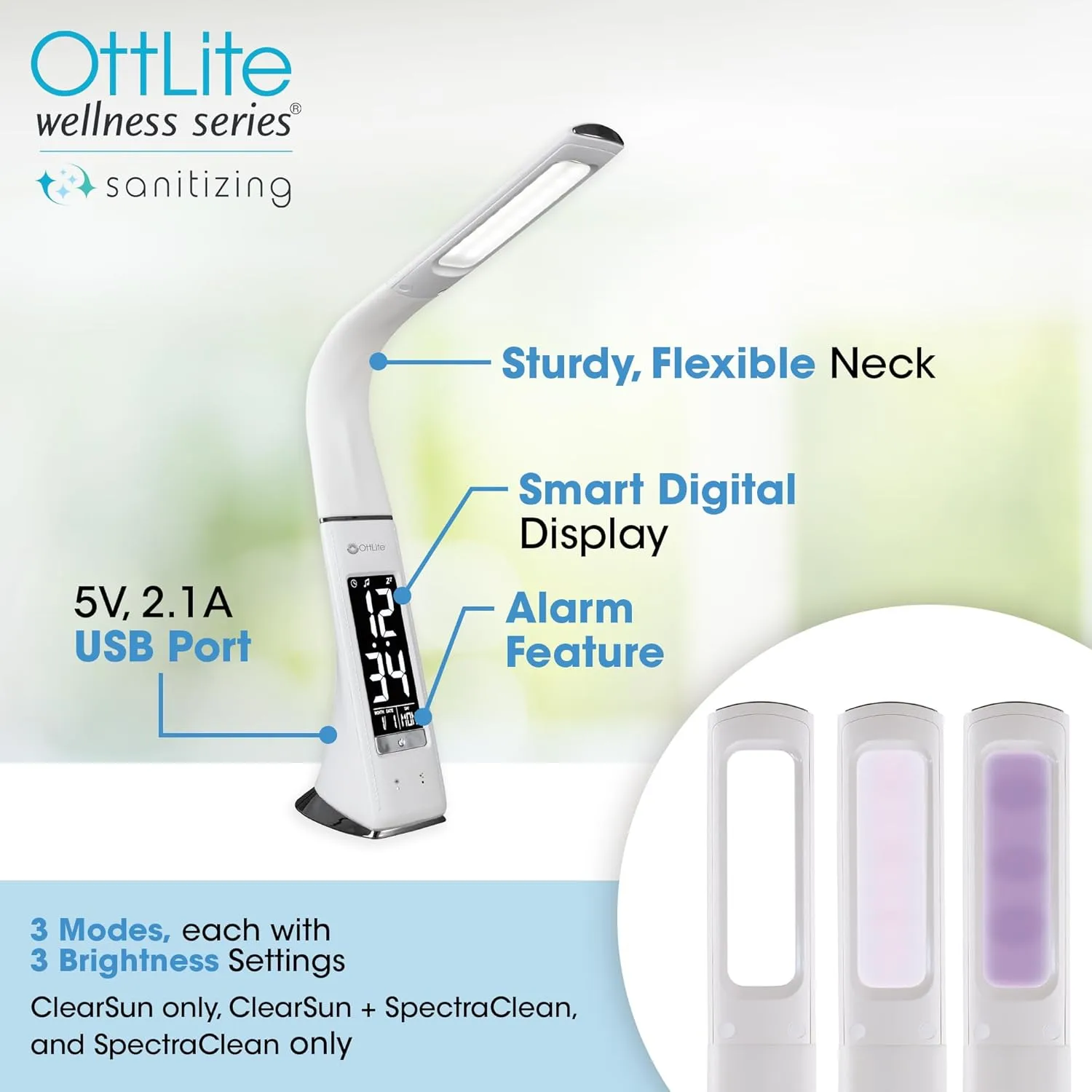 OttLite Thrive LED Sanitizing Desk Lamp with Clock and USB Charging - Eliminates up to 99.9% of Bacteria, Touch Activated