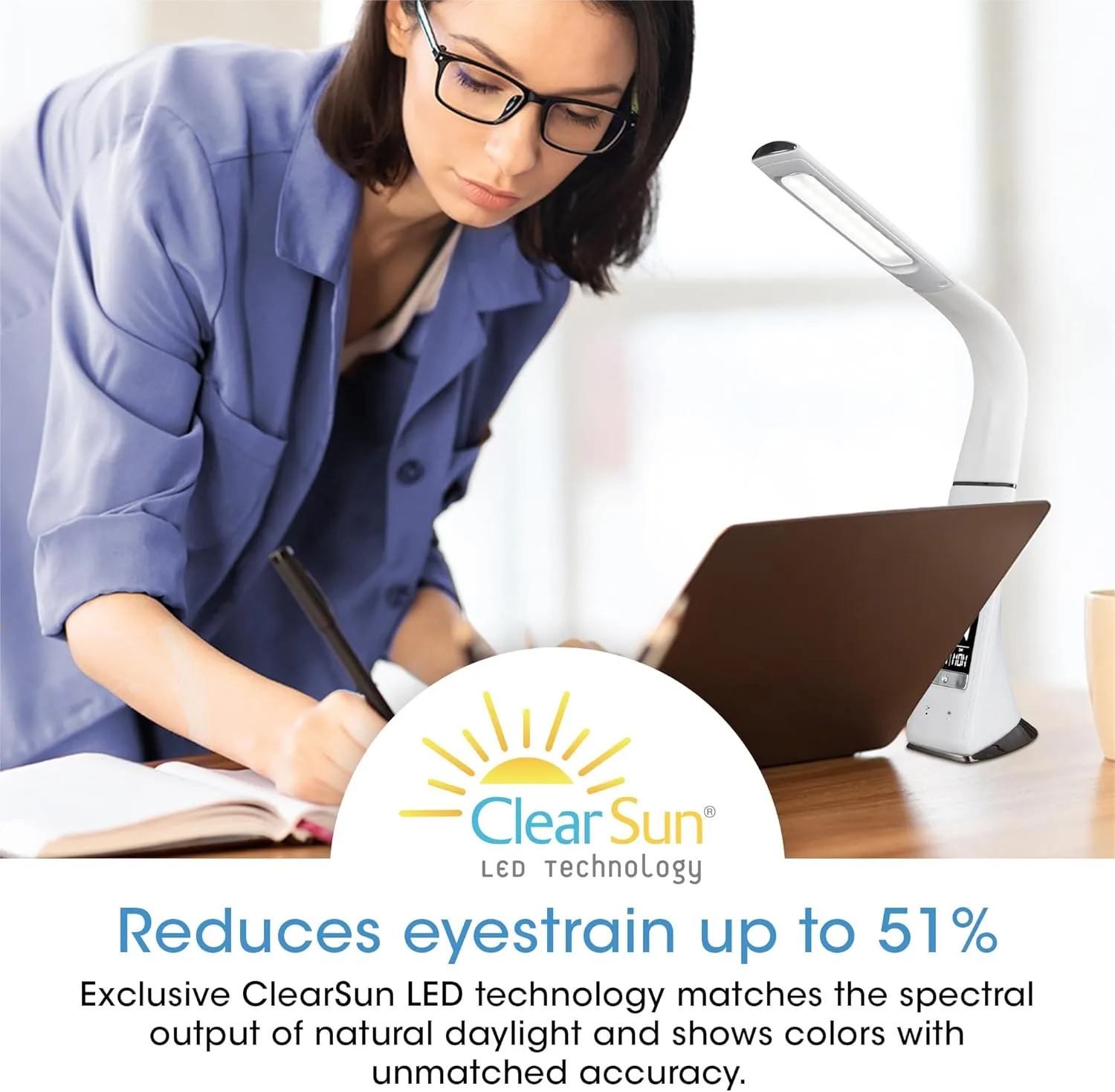 OttLite Thrive LED Sanitizing Desk Lamp with Clock and USB Charging - Eliminates up to 99.9% of Bacteria, Touch Activated