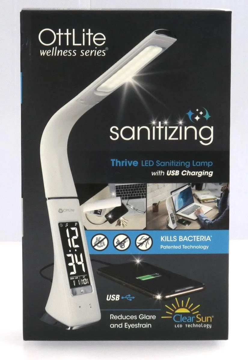 OttLite Thrive LED Sanitizing Desk Lamp with Clock and USB Charging - Eliminates up to 99.9% of Bacteria, Touch Activated