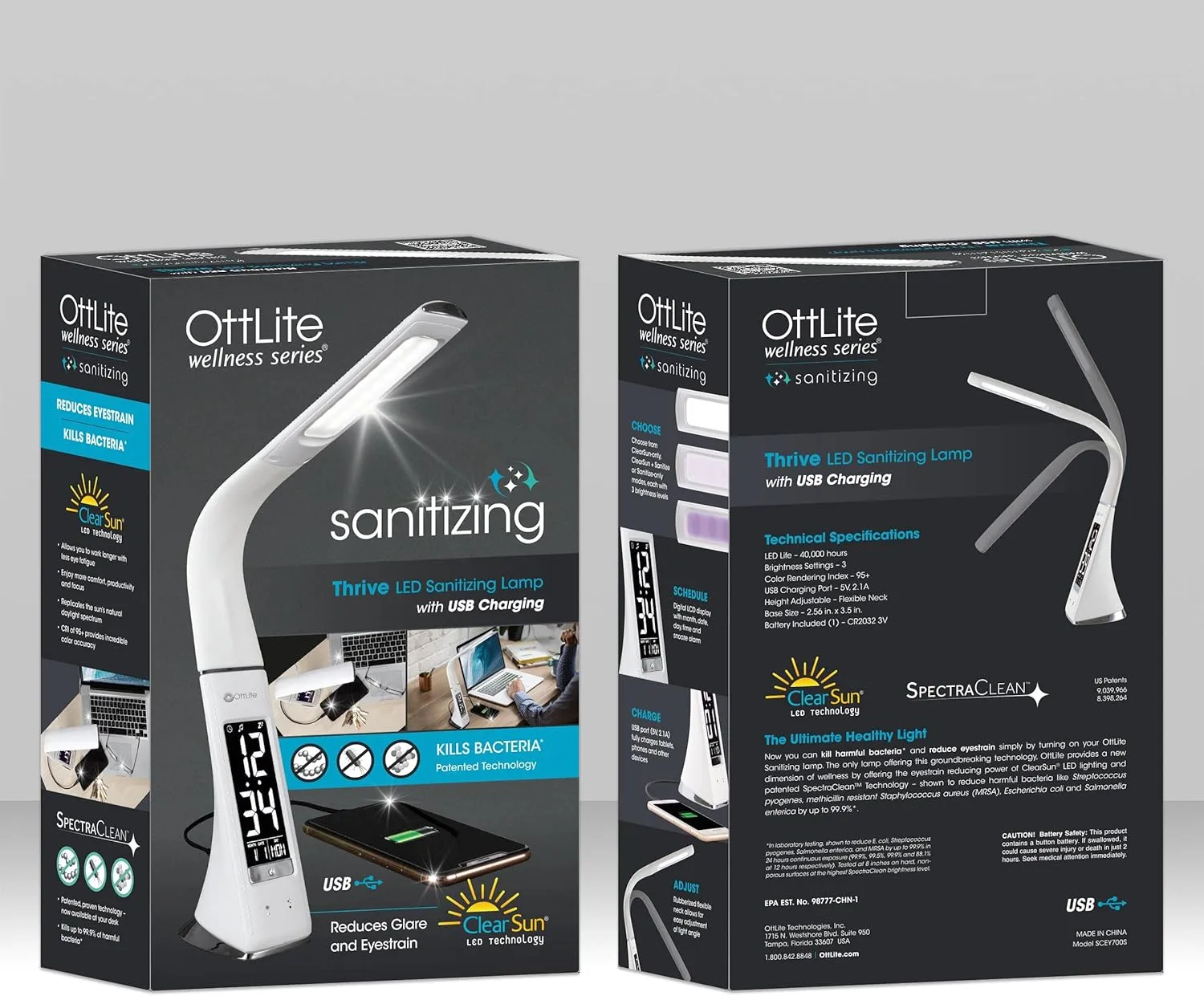 OttLite Thrive LED Sanitizing Desk Lamp with Clock and USB Charging - Eliminates up to 99.9% of Bacteria, Touch Activated