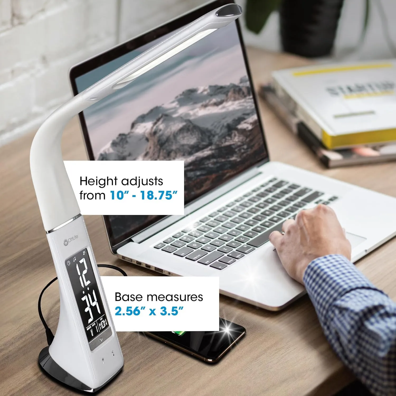 OttLite Thrive LED Sanitizing Desk Lamp with Clock and USB Charging - Eliminates up to 99.9% of Bacteria, Touch Activated