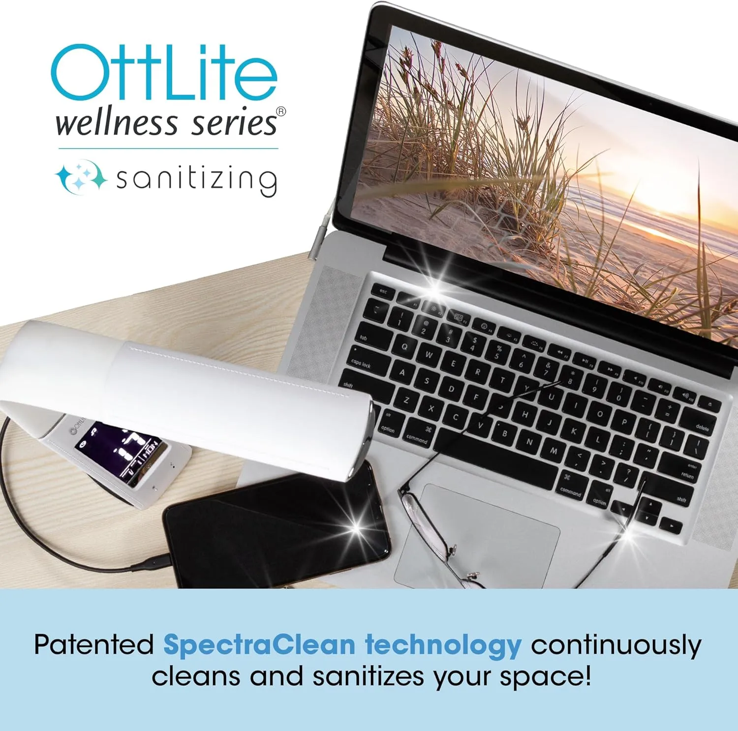 OttLite Thrive LED Sanitizing Desk Lamp with Clock and USB Charging - Eliminates up to 99.9% of Bacteria, Touch Activated