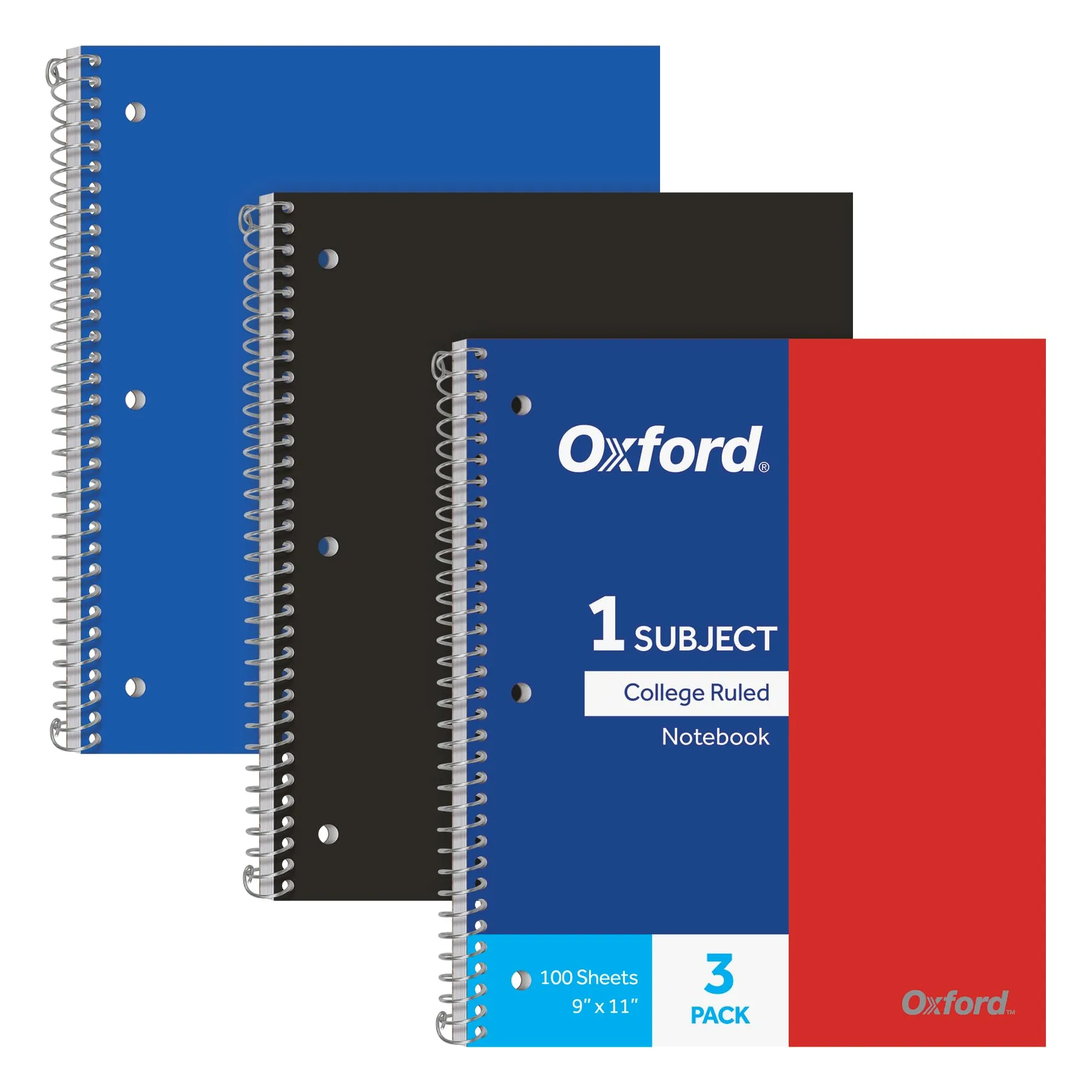 Oxford Spiral Notebooks, 1 Subject, College Ruled Paper, Durable Plastic Cover, 100 Sheets, 3-Pack (10390)