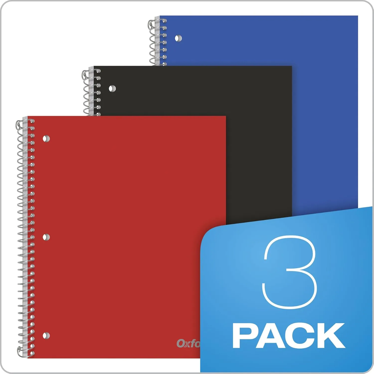Oxford Spiral Notebooks, 1 Subject, College Ruled Paper, Durable Plastic Cover, 100 Sheets, 3-Pack (10390)
