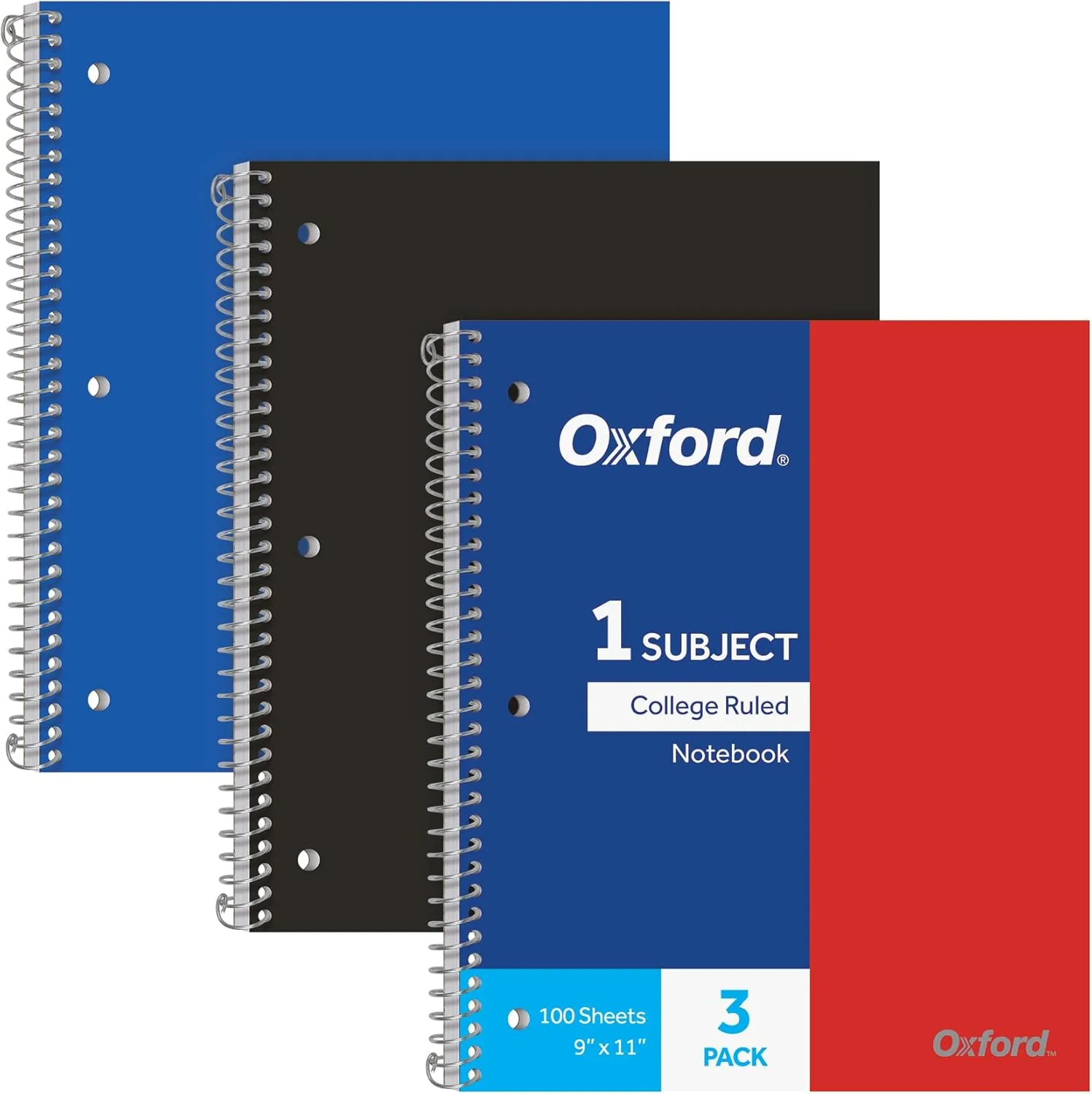 Oxford Spiral Notebooks, 1 Subject, College Ruled Paper, Durable Plastic Cover, 100 Sheets, 3-Pack (10390)