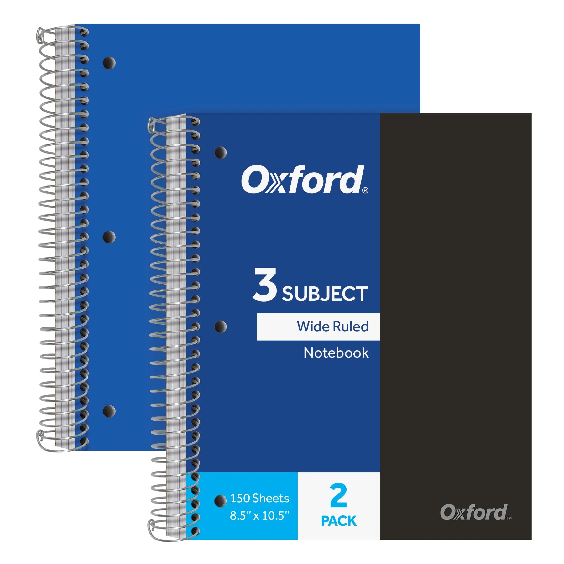 Oxford Spiral Notebooks, 3-Subject, 8-1/2 x 10-1/2, Wide Ruled, 150 Sheets, 2-Pack