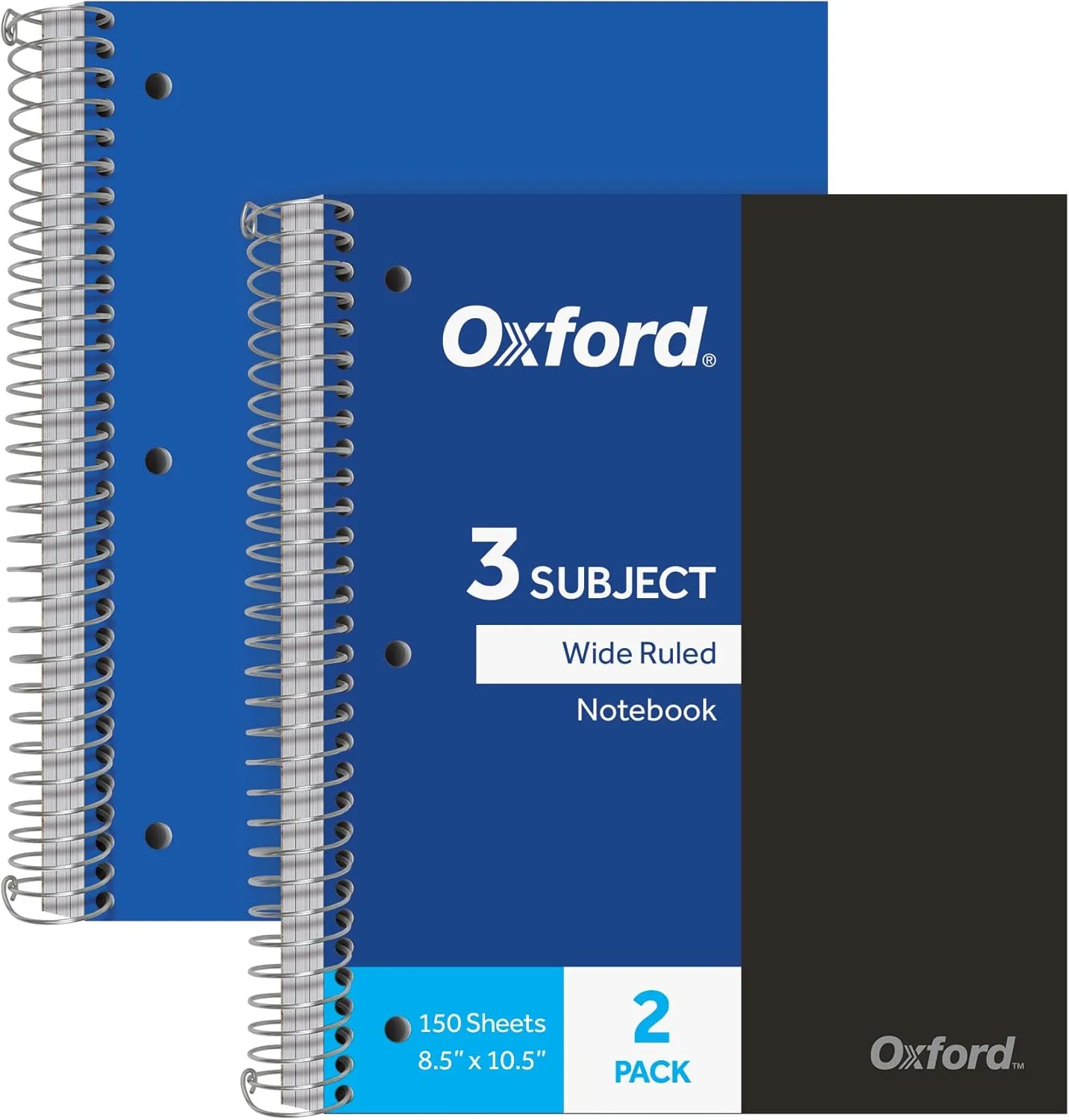 Oxford Spiral Notebooks, 3-Subject, 8-1/2 x 10-1/2, Wide Ruled, 150 Sheets, 2-Pack