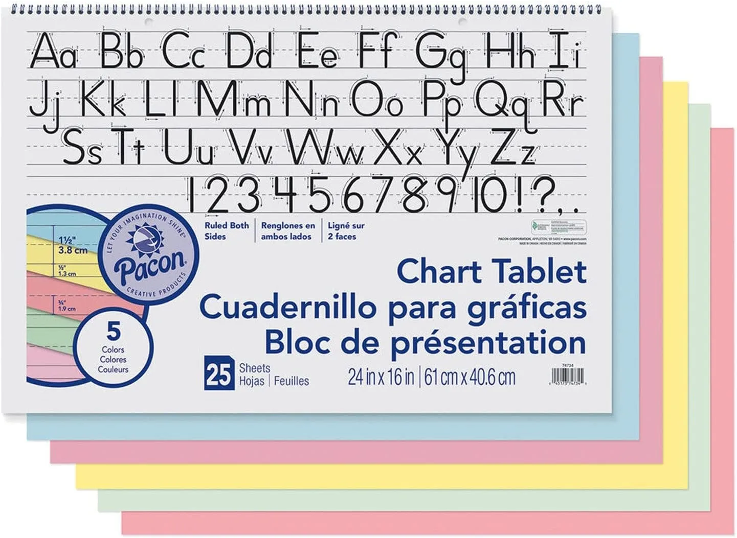 Pacon Colored Paper Chart Tablets, 24in x 16in, Assorted Colors, 25 Sheets, Pack Of 2 Tablets
