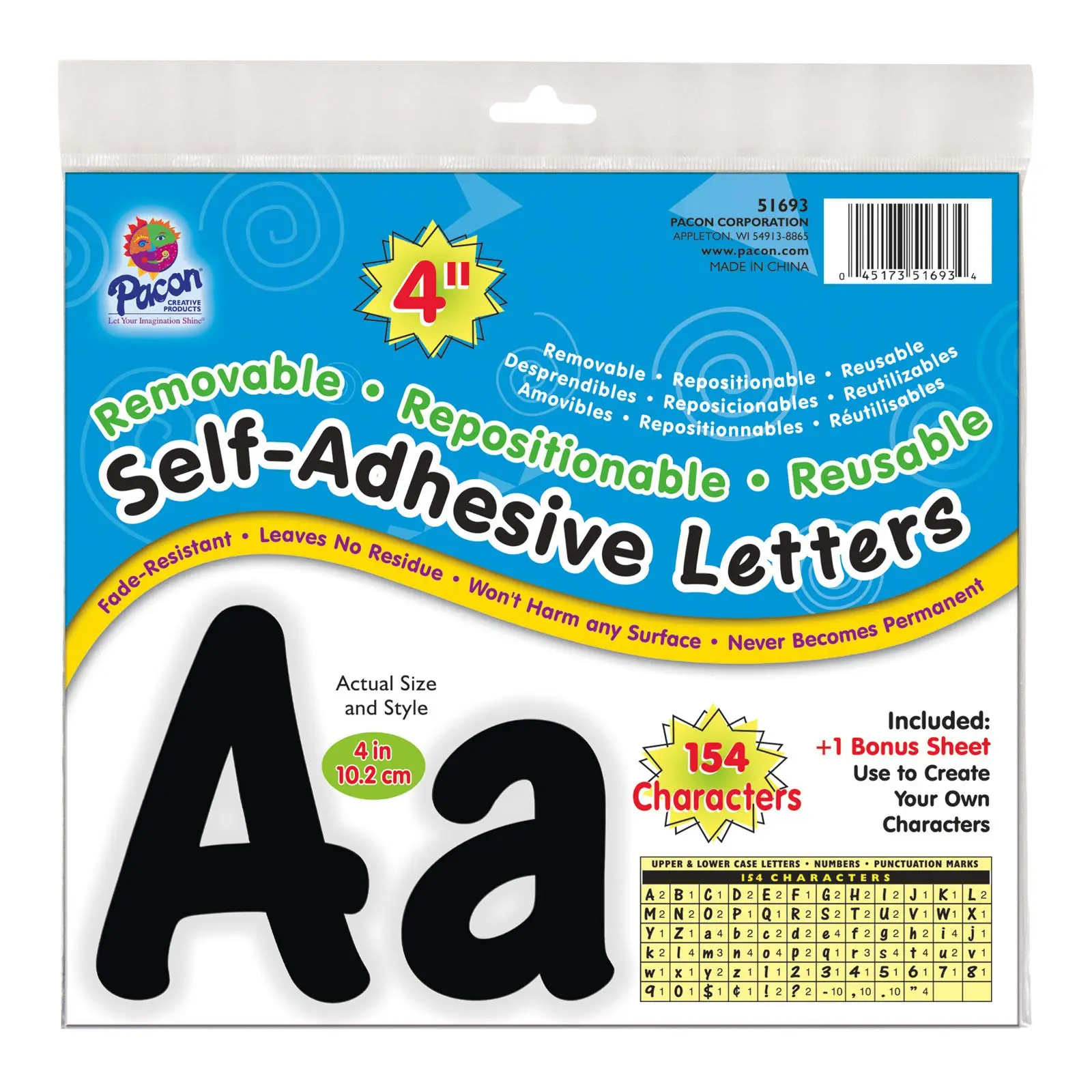 Pacon 4-Inch Self-Adhesive Letters, 154-Count, Black (51693)
