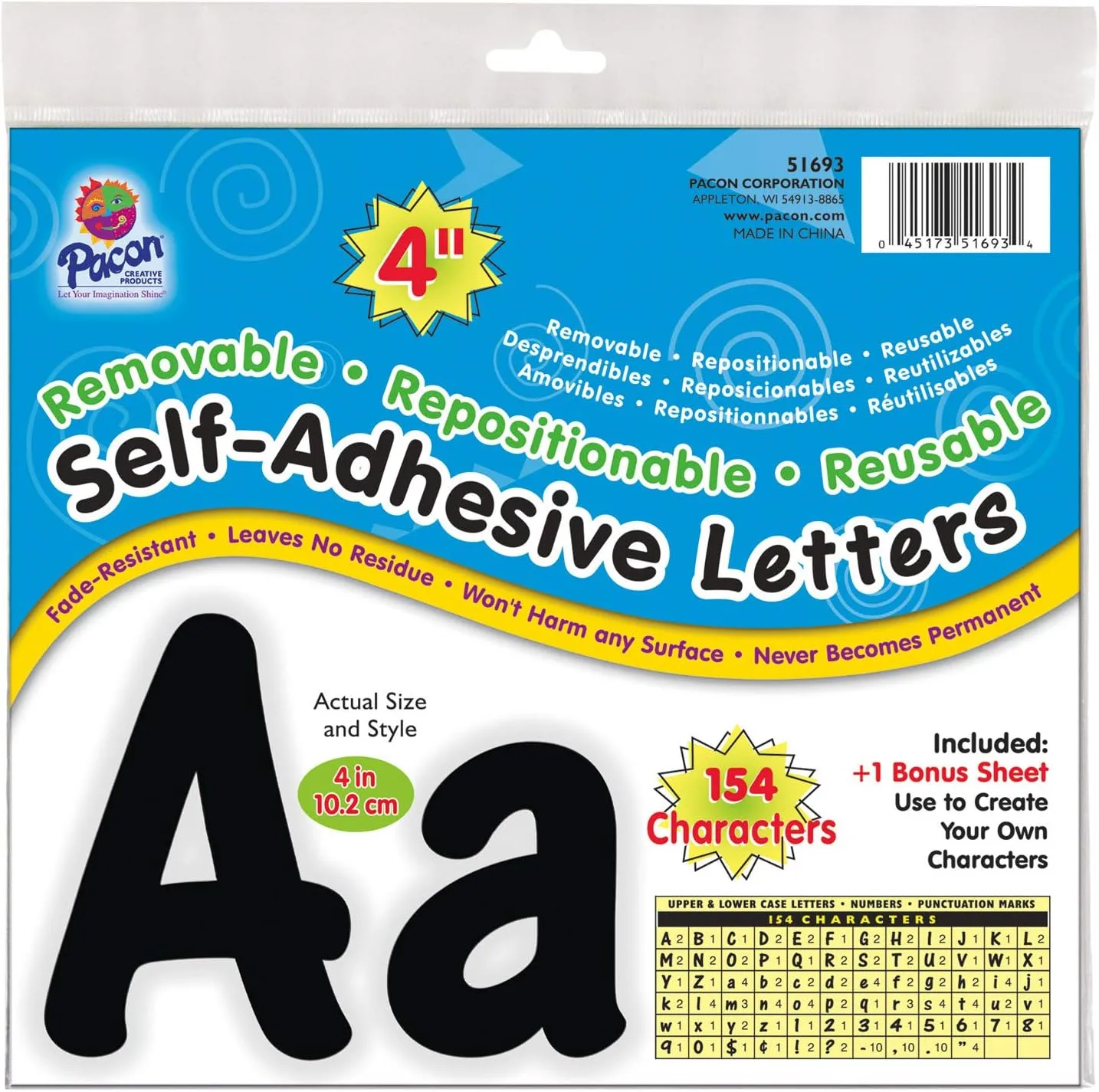 Pacon 4-Inch Self-Adhesive Letters, 154-Count, Black (51693)
