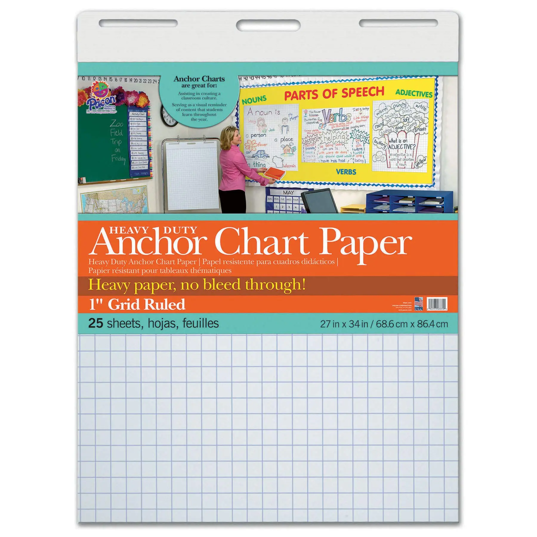 Pacon Heavy Duty Anchor Chart Paper, 27in x 34in, Grid Ruled, 25 Sheets, White, 4 Packs