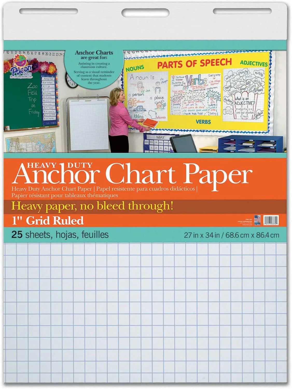 Pacon Heavy Duty Anchor Chart Paper, 27in x 34in, Grid Ruled, 25 Sheets, White, 4 Packs