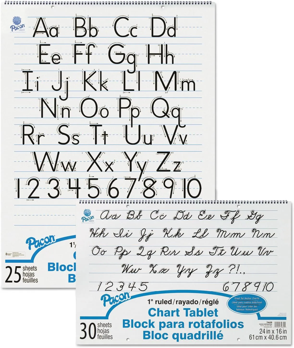 Pacon Ruled Chart Tablet - 30 Sheets - Spiral Bound - 1in Ruled - 24in x 16in - White - Stiff Cover - 74630