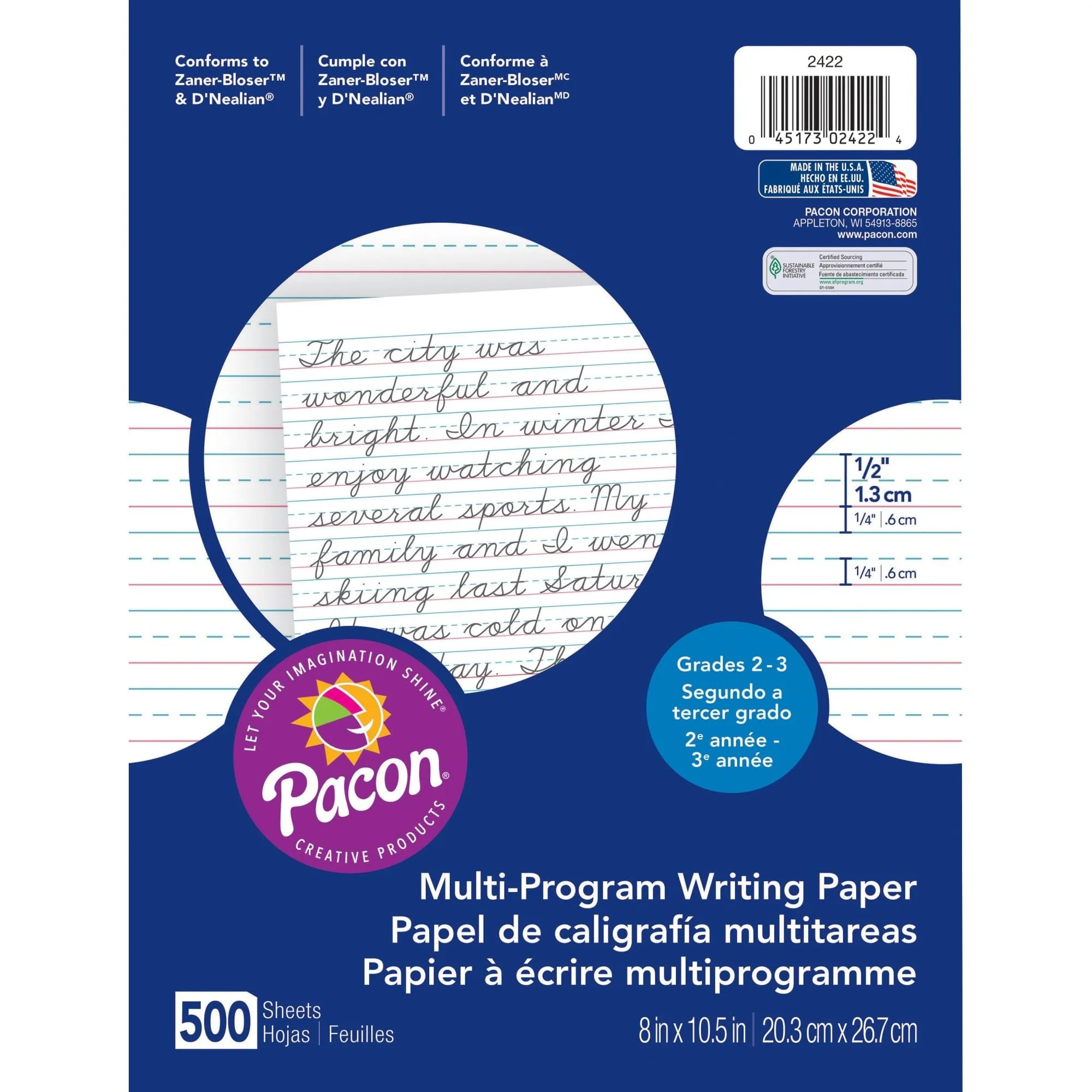 Pacon Multi-Program Handwriting Paper, 16 Lb, 1/2" Short Rule, One-Sided, 8 X 10.5, 500/pack