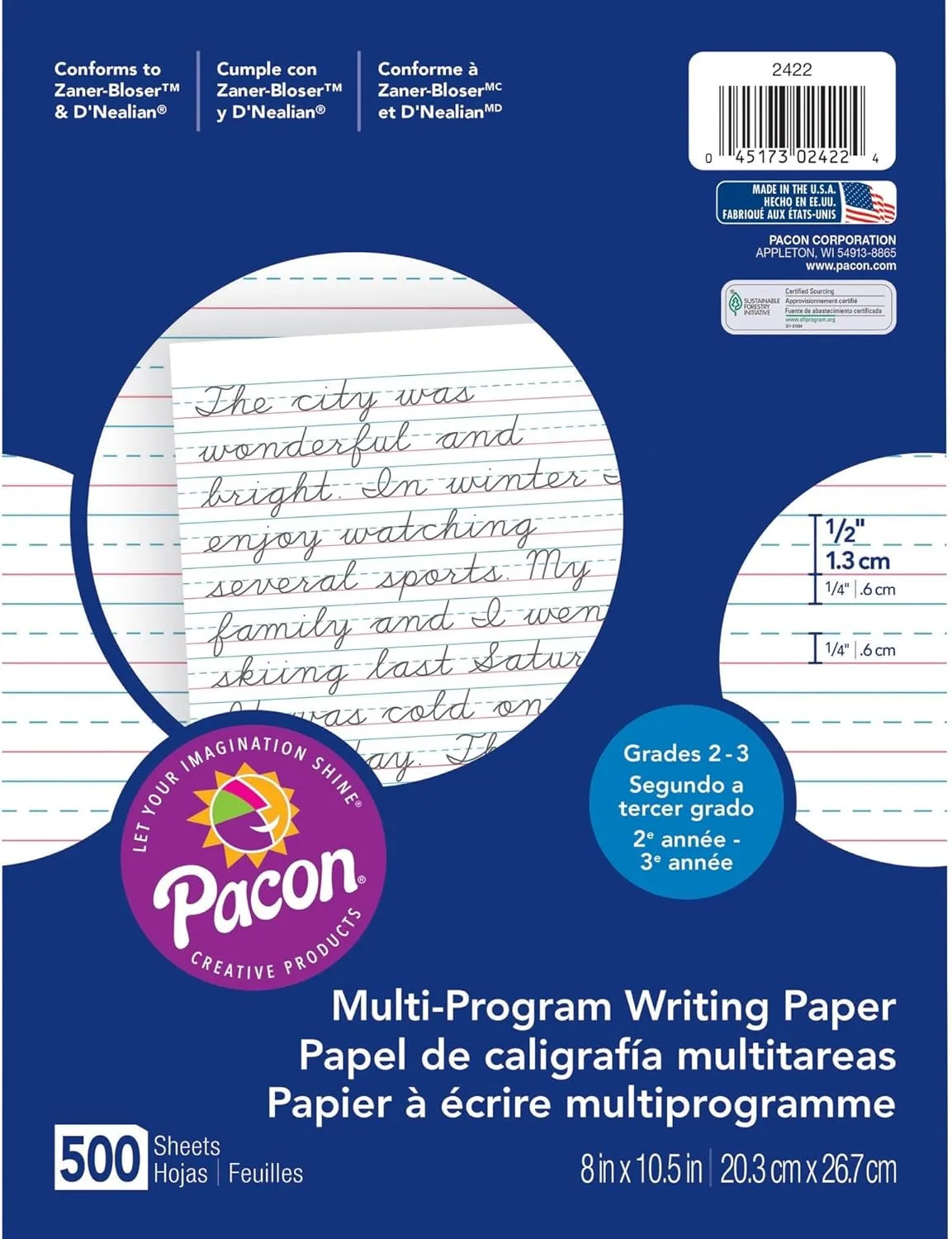 Pacon Multi-Program Handwriting Paper, 16 Lb, 1/2" Short Rule, One-Sided, 8 X 10.5, 500/pack