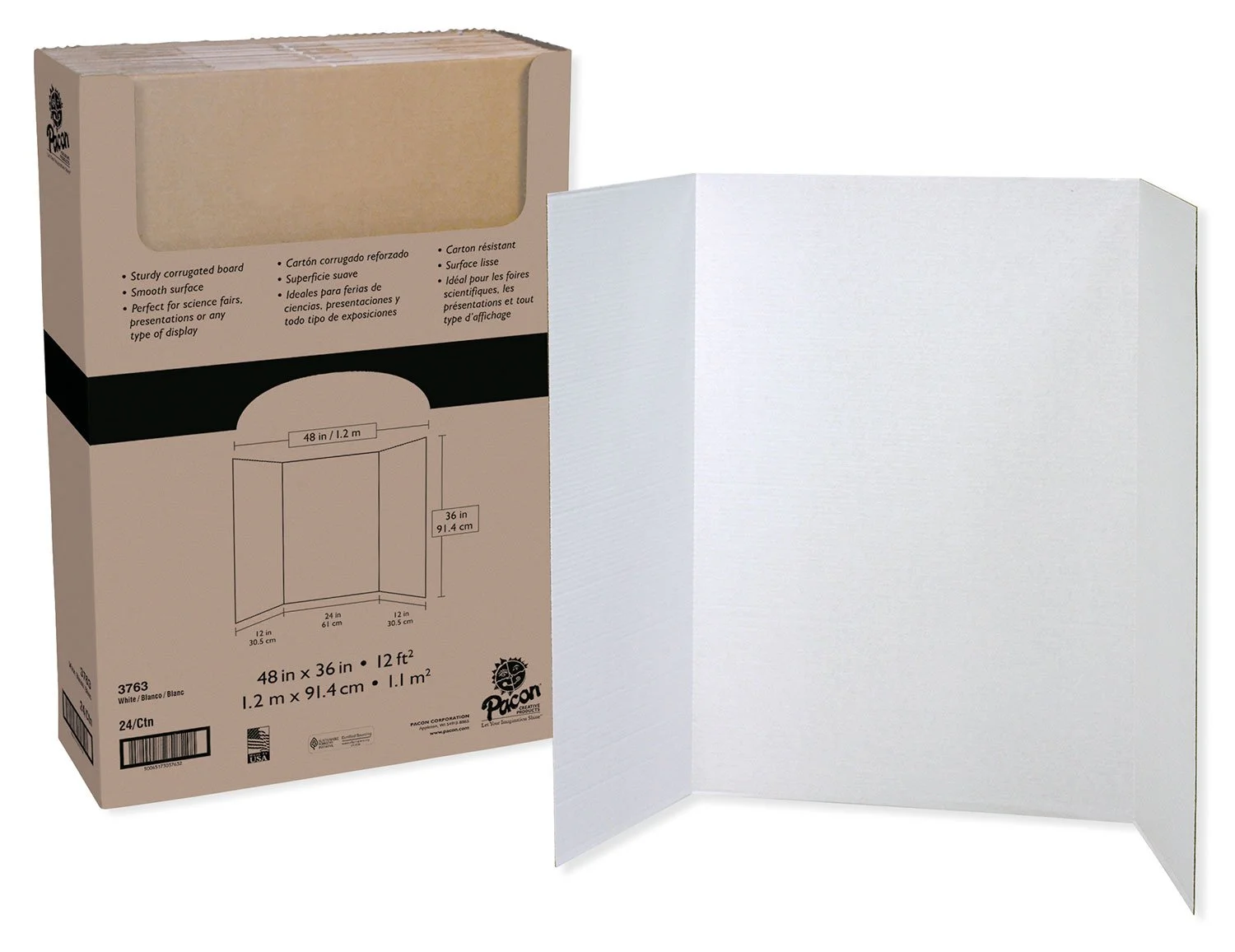 Pacon® 80% Recycled Single-Walled Tri-Fold Presentation Boards, 48" x 36", White, Carton Of 24