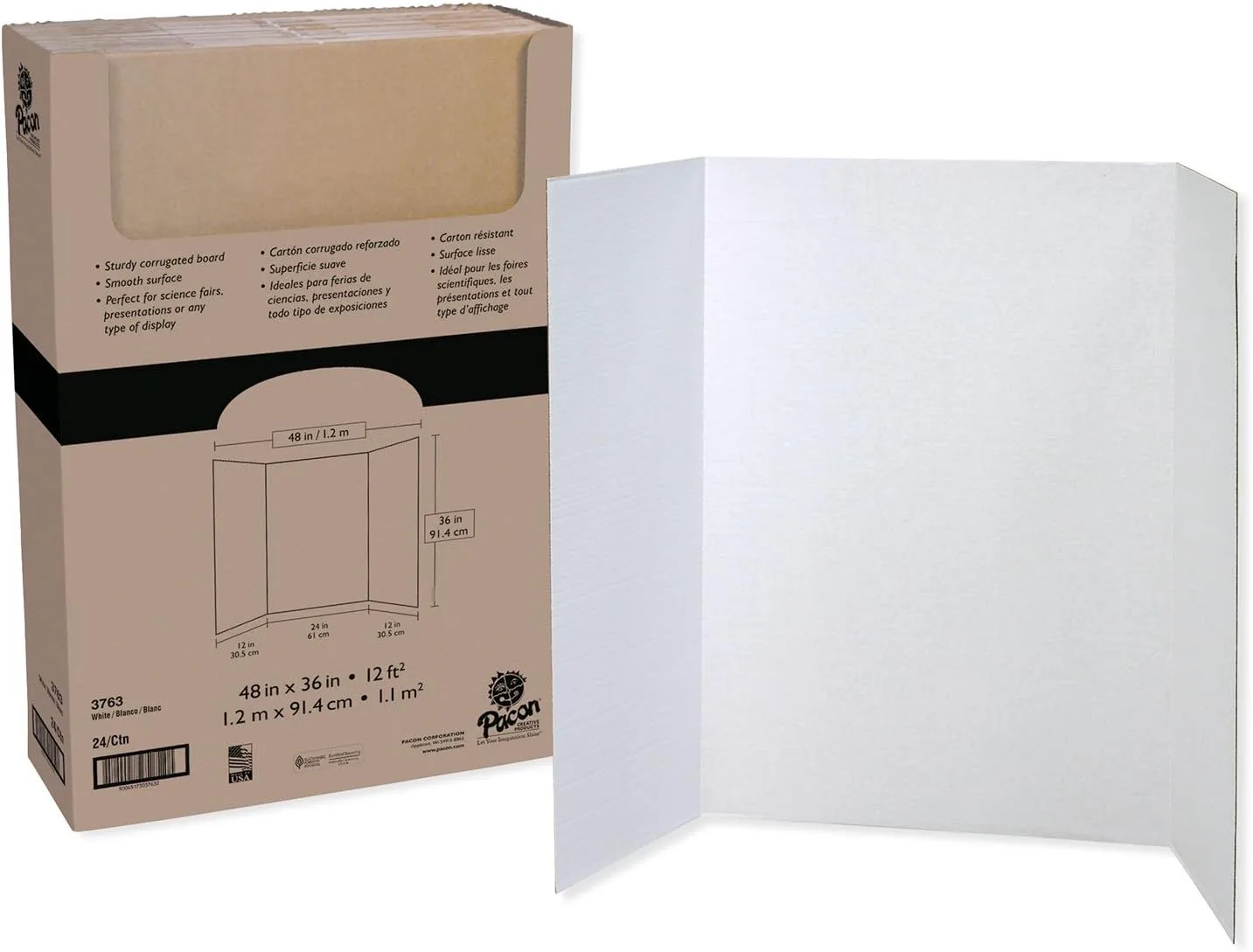 Pacon® 80% Recycled Single-Walled Tri-Fold Presentation Boards, 48" x 36", White, Carton Of 24