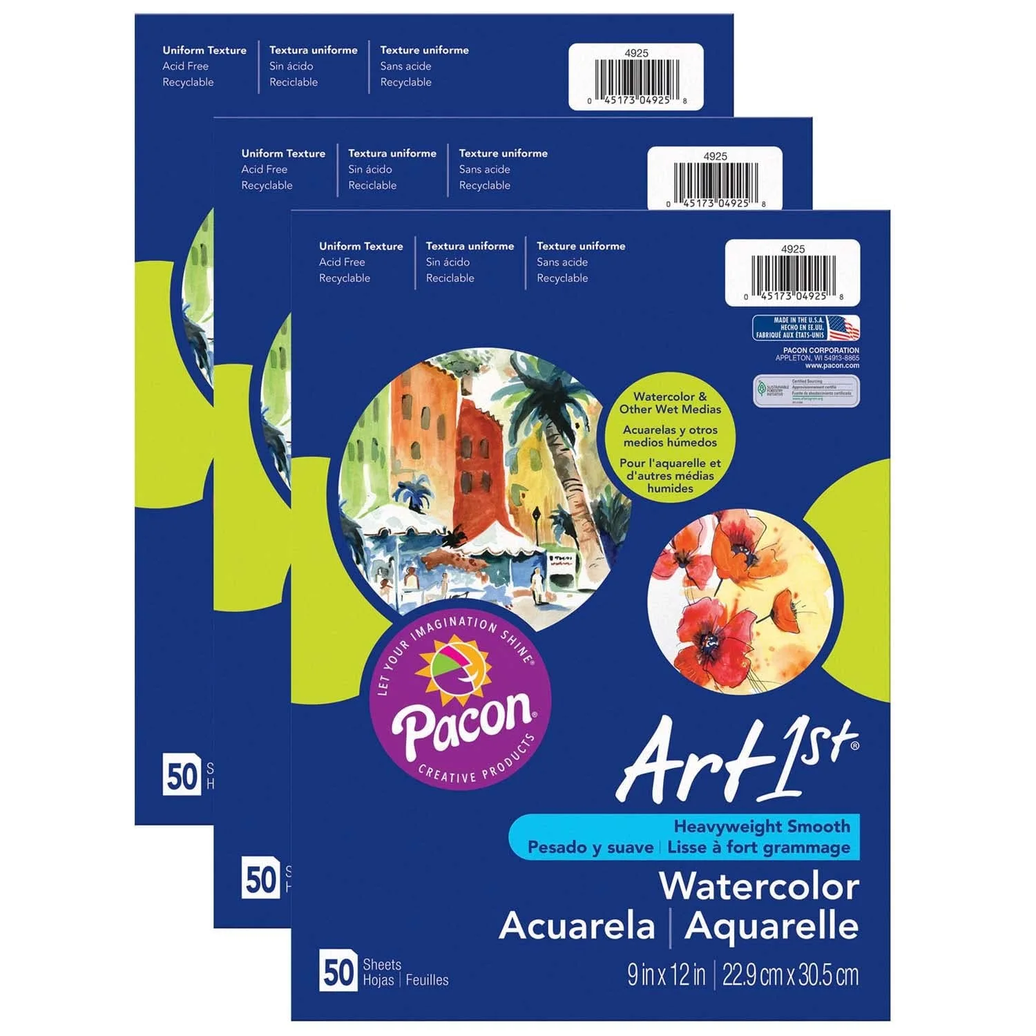 Pacon UCREATE Watercolor Paper, 9 x 12 in, 90 lb — 3 Pack (150 Sheets) (PAC4925-3)