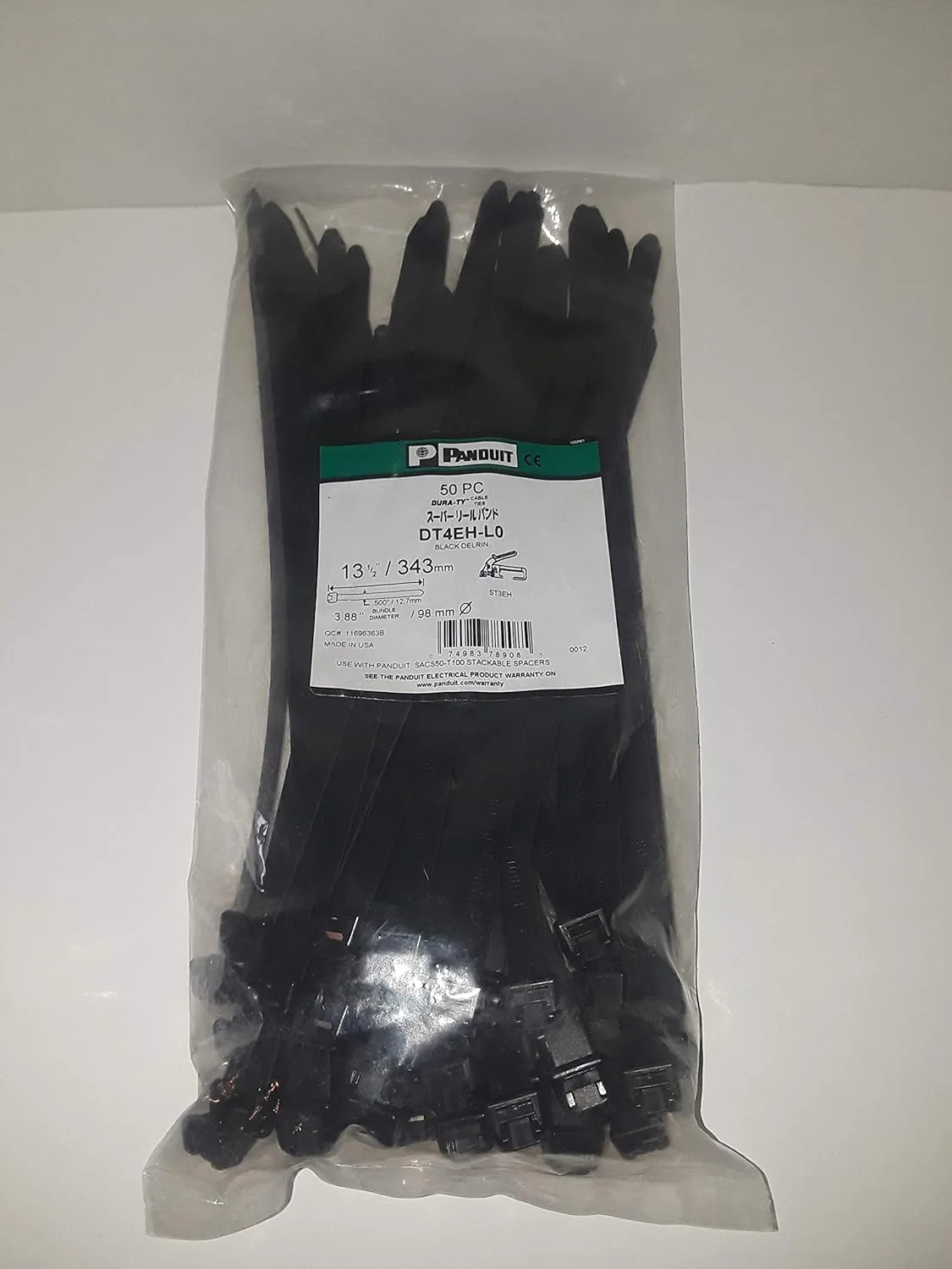 Panduit DT4EH-L0 Dura-Tycable Tie, Extra-Heavy, 13.5-Inch Length, Weather Resistant Acetal, Black (50-Pack)
