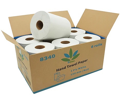 Caja de 6 rollos de papel toalla de 150 metros para uso institucional