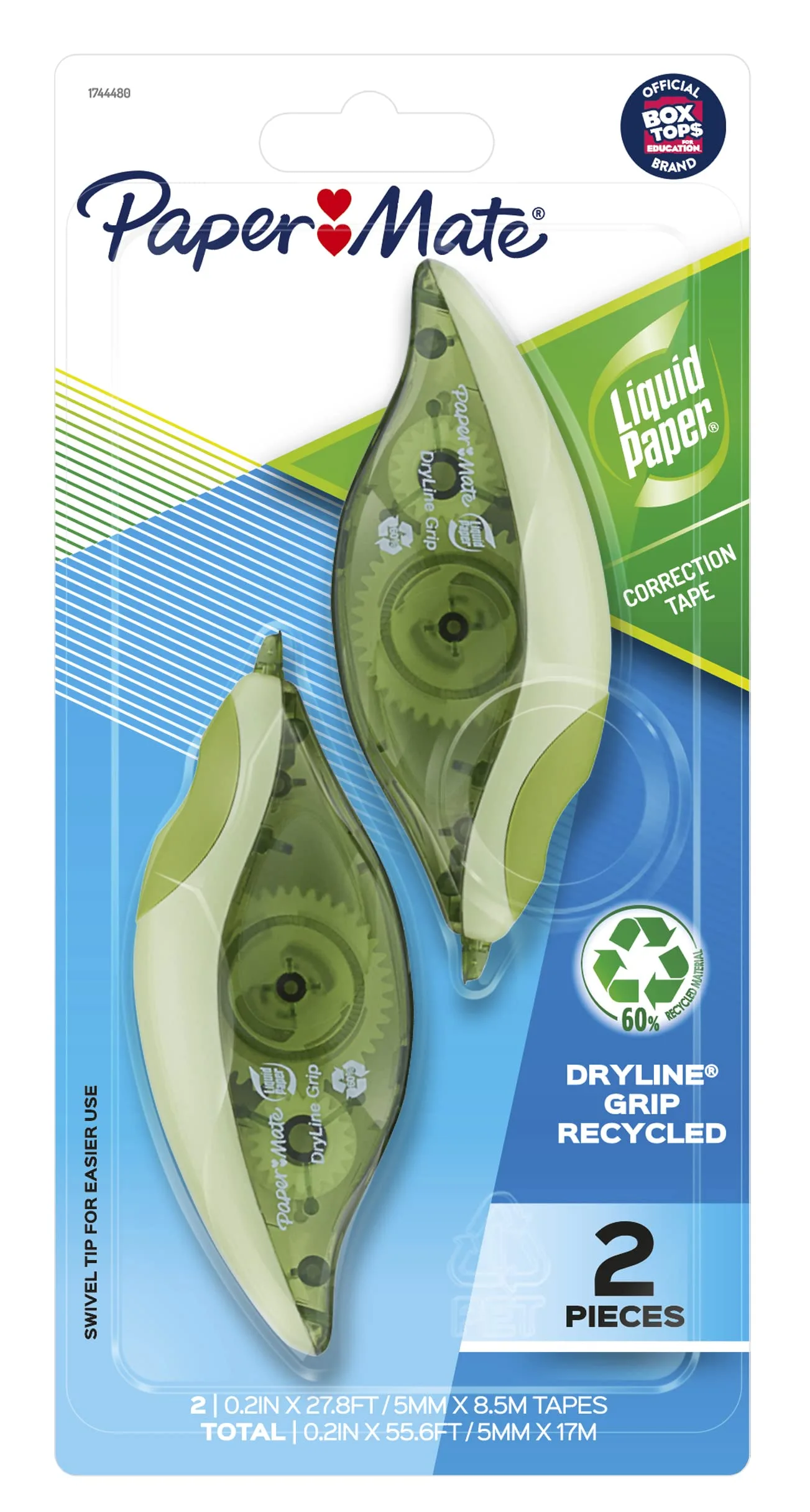 Paper Mate Liquid Paper DryLine Grip Correction Tape, Mess-Free, Recycled, 2 Count - Home, Office, Teacher Supplies, College Essentials