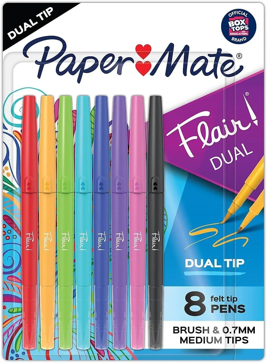 Paper Mate Flair Dual Felt-Tip Pens, Pack Of 8 Pens, Brush And Medium Tips, Assorted Barrel Colors, Assorted Ink Colors