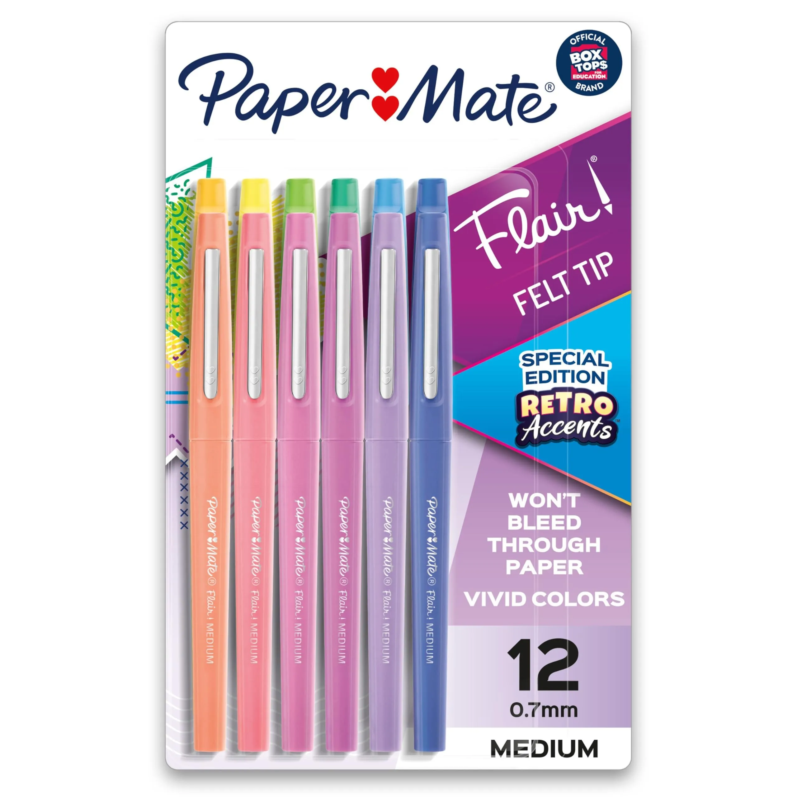 Paper Mate Flair Felt Tip Pens Medium Point (0.7mm) Assorted Special Edition Retro Accents 12 Count