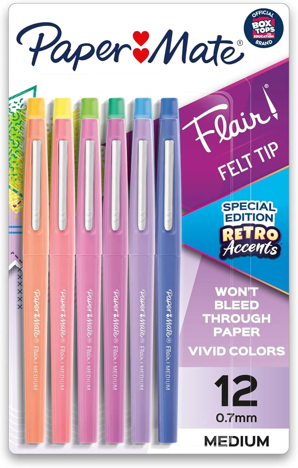 Paper Mate Flair Felt Tip Pens Medium Point (0.7mm) Assorted Special Edition Retro Accents 12 Count