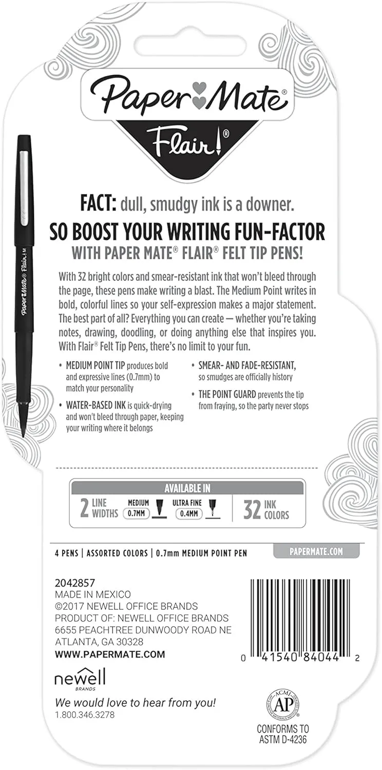Paper Mate Flair Porous-Point Pens, Medium Point, 0.7 mm, Assorted Ink Colors, Pack Of 4 Pens