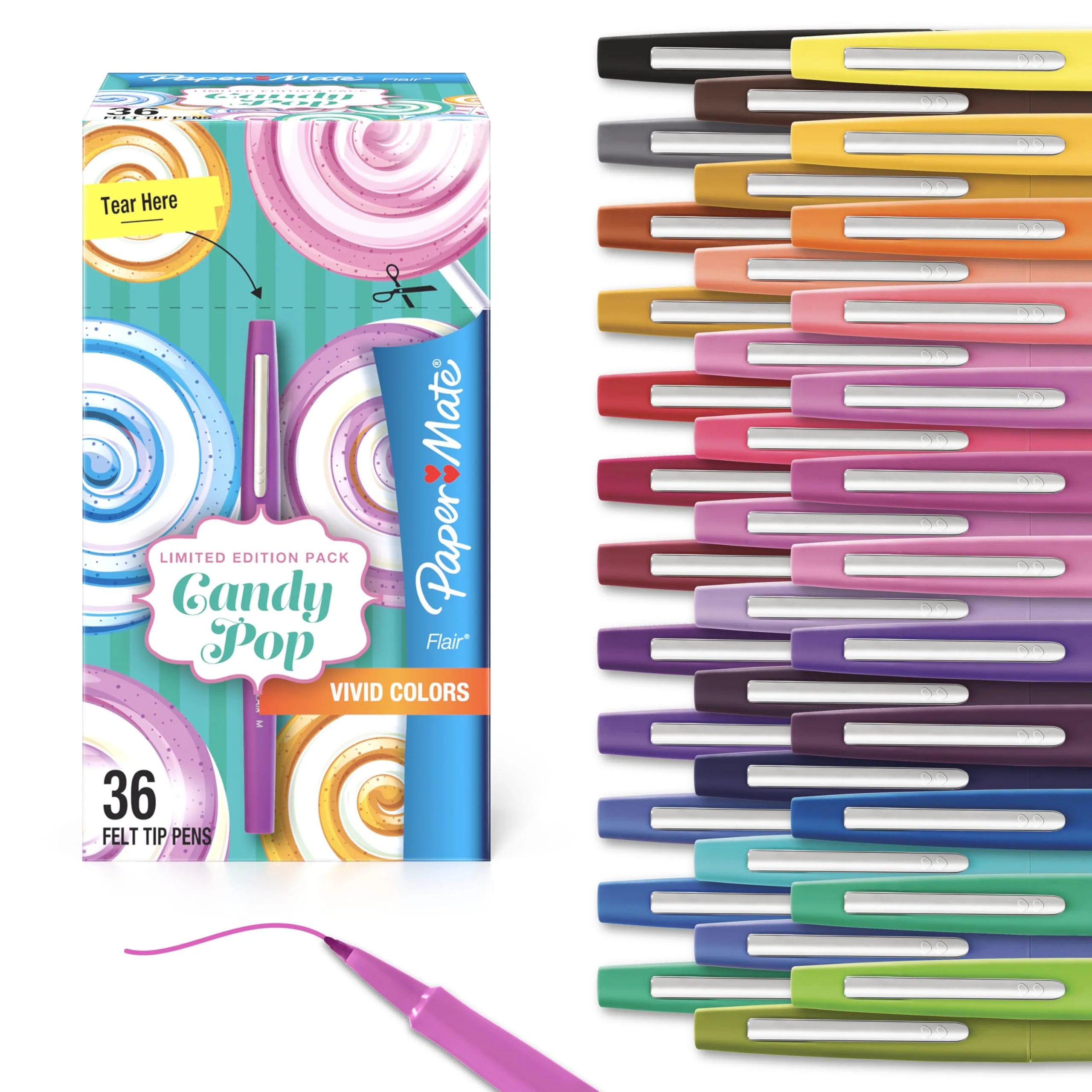 Paper Mate Flair Felt Tip Pens, Medium (0.7mm), Candy Pop, 36 Count