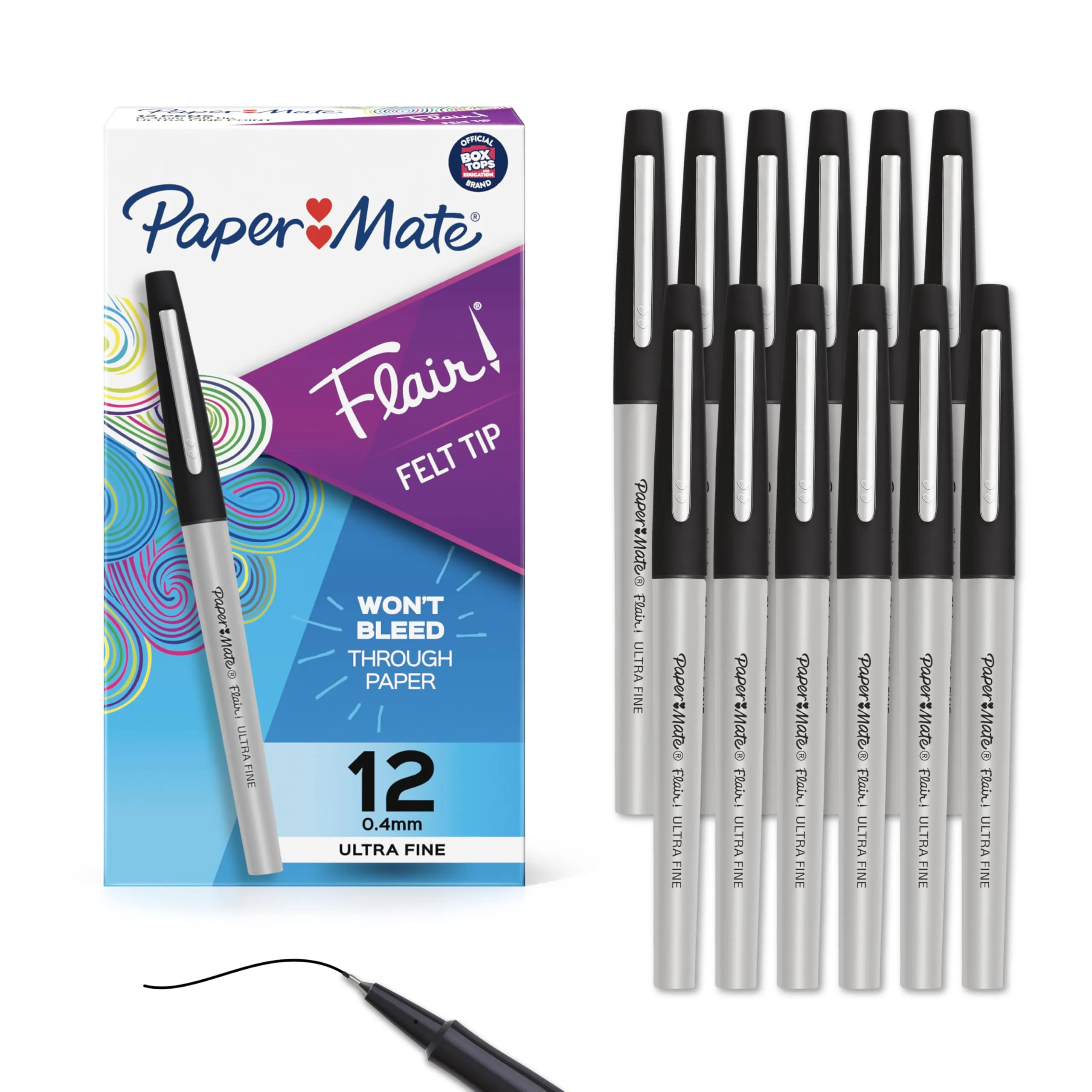 Paper Mate Flair Felt Tip Pens, Ultra-Fine 0.4mm, Black, 12 Count