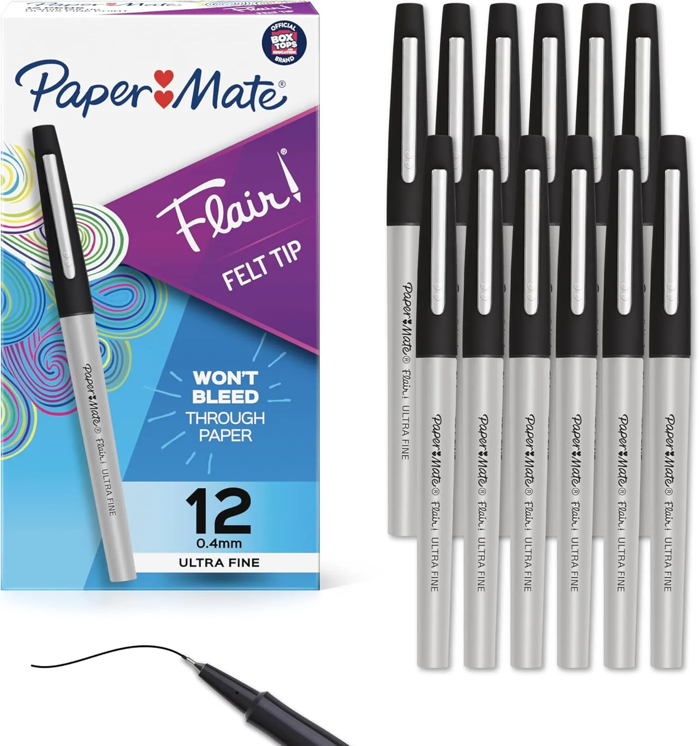 Paper Mate Flair Felt Tip Pens, Ultra-Fine 0.4mm, Black, 12 Count