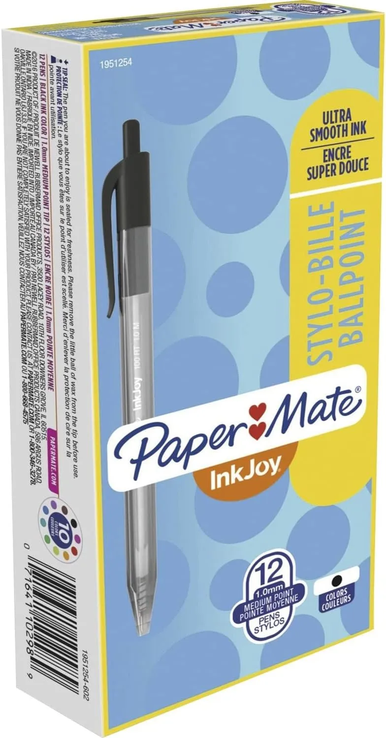 Paper Mate® InkJoy 100 RT Pens, Medium Point, 1.0 mm, Translucent Black Barrels, Black Ink, Pack Of 12