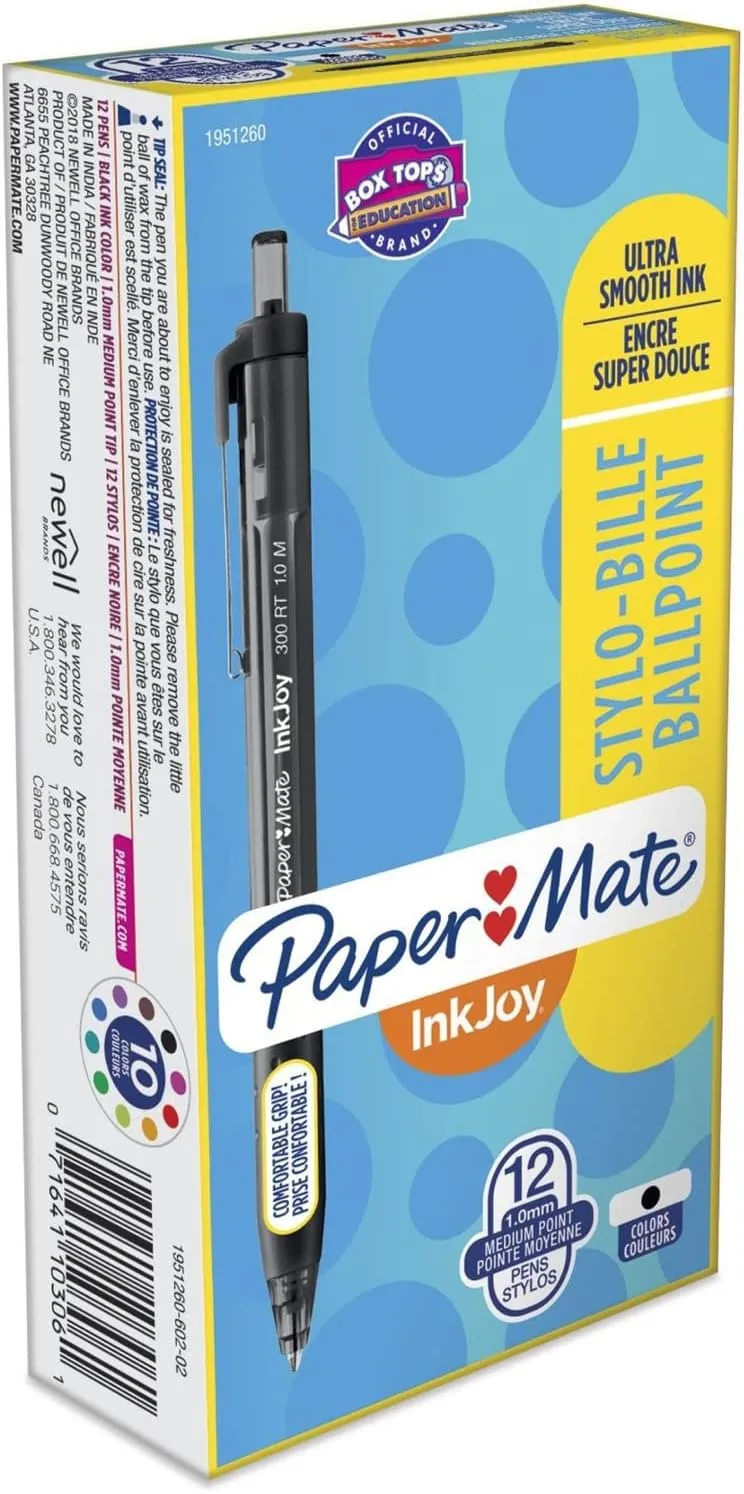 Paper Mate InkJoy 300 RT Retractable Pens, Medium Point, 1.0 mm, Translucent Black Barrels, Black Ink, Pack Of 12