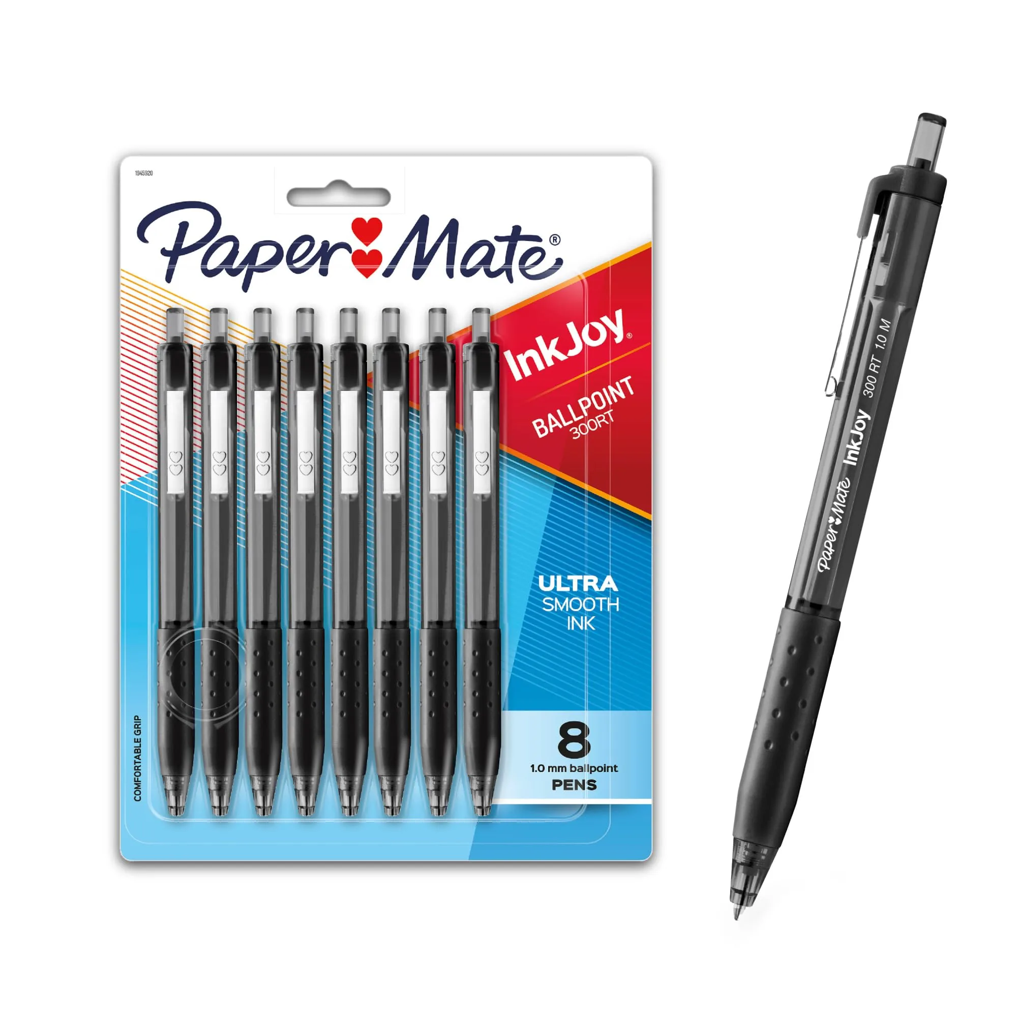 Paper Mate® 300RT Effortless Glide Ballpoint Pens, Medium Point, 1.0 mm, Transparent Barrels, Black Ink, 8 Count