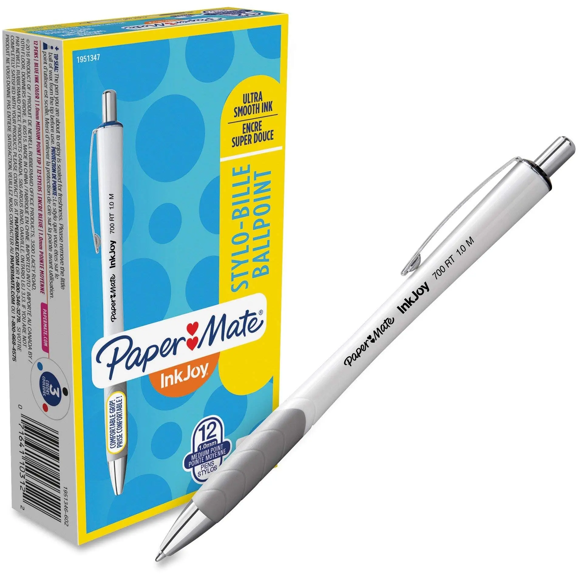 Paper Mate InkJoy 700RT Retractable Ballpoint Pens, Medium Point, 1.0 mm, White Barrels, Black Ink, Pack Of 12