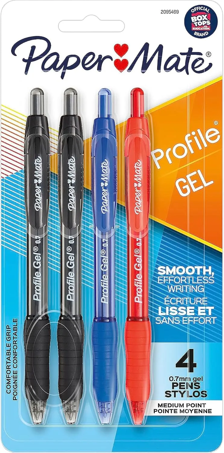 Paper Mate Profile Gel Pen, Retractable, 0.7mm, Assorted Ink, 4 Count