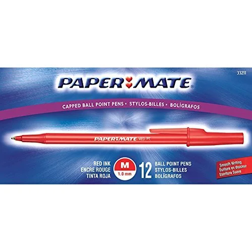 Paper Mate Ballpoint Stick Pens, Medium Point 1.0 mm, Red, 12-Pack