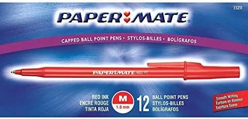Paper Mate Ballpoint Stick Pens, Medium Point 1.0 mm, Red, 12-Pack
