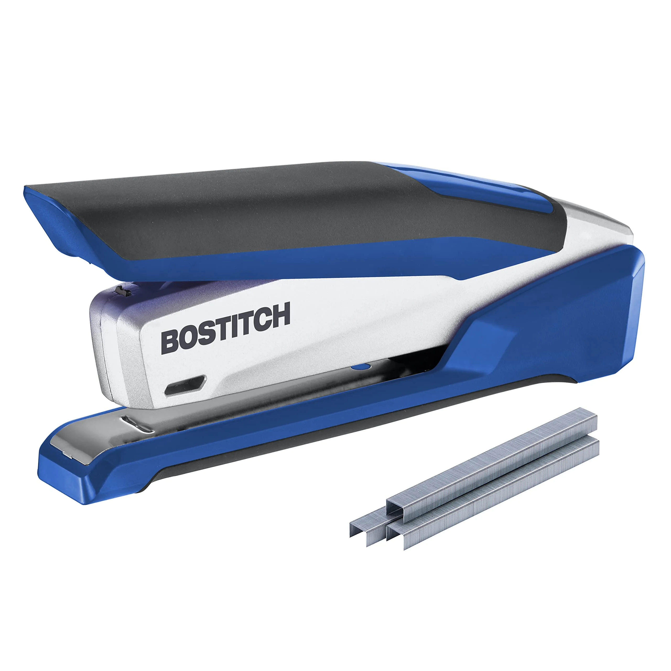 Bostitch Office InPower Spring-Powered Premium Desktop Stapler - One Finger, Blue/Silver (1118)