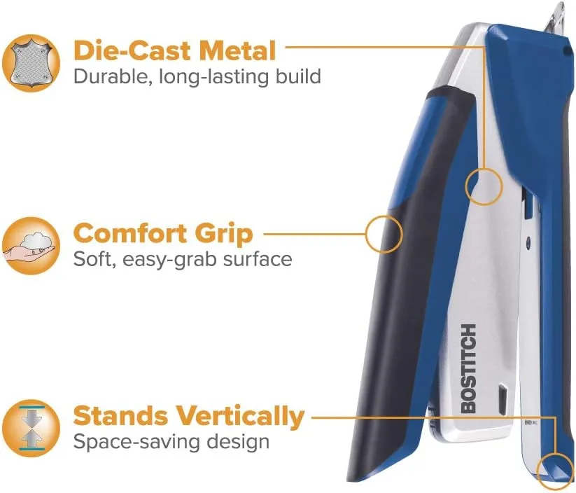 Bostitch Office InPower Spring-Powered Premium Desktop Stapler - One Finger, Blue/Silver (1118)