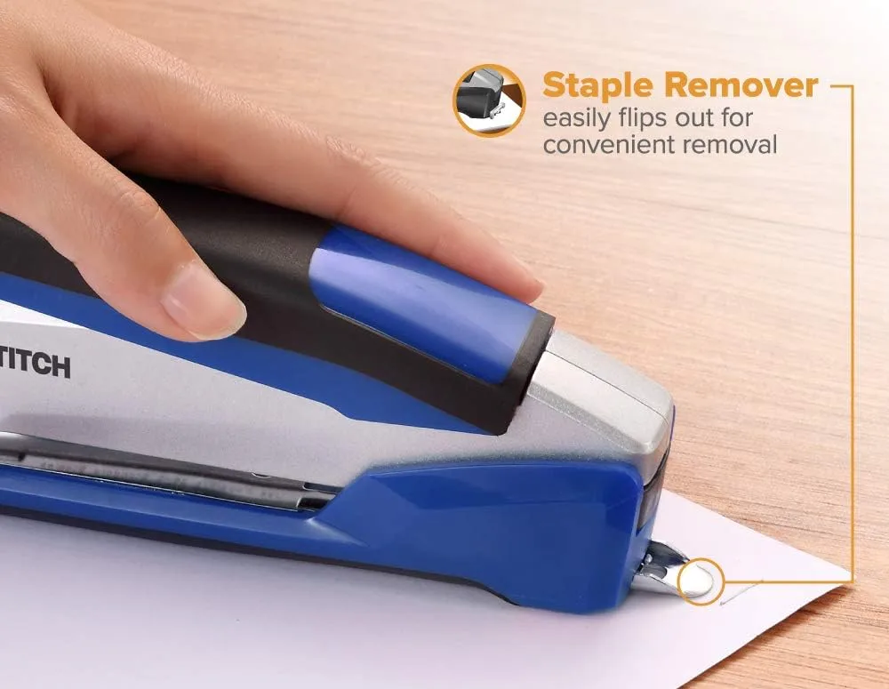 Bostitch Office InPower Spring-Powered Premium Desktop Stapler - One Finger, Blue/Silver (1118)