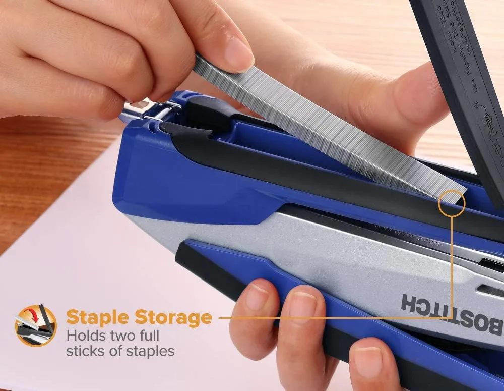 Bostitch Office InPower Spring-Powered Premium Desktop Stapler - One Finger, Blue/Silver (1118)