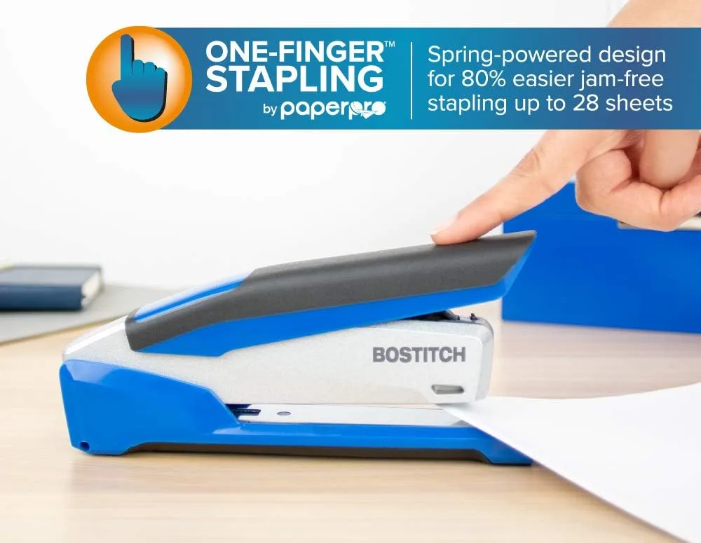 Bostitch Office InPower Spring-Powered Premium Desktop Stapler - One Finger, Blue/Silver (1118)